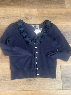 London Times Navy Rosette V-Neck Button Cardigan